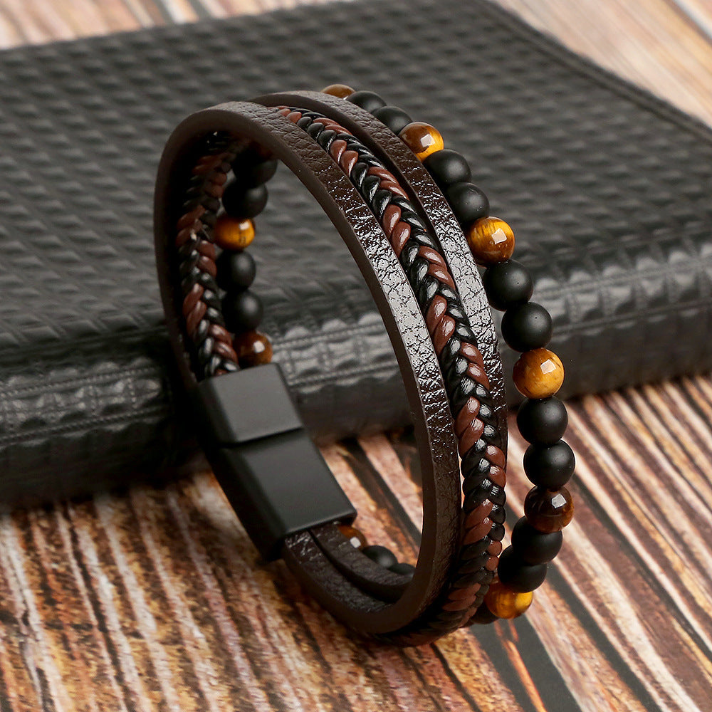 Multi-Layer Heren Armband met Tijgeroog Kraaltjes en Leer – Bruin & Zwart