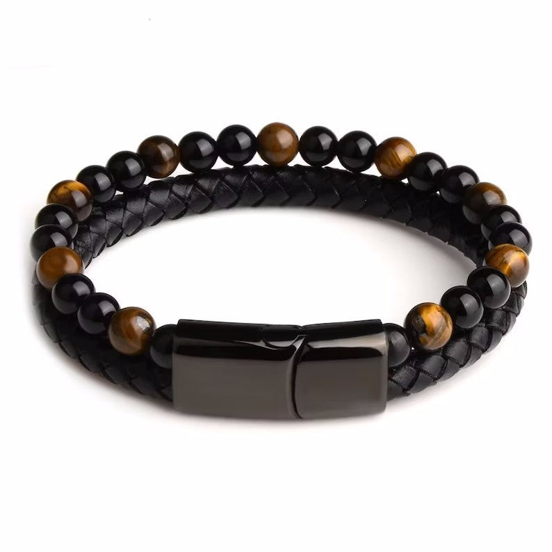 Leren & Natuursteen Herenarmband – Tiger Eye & Onyx Dual