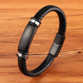 Stoere Leren Heren Armband met Gegraveerde Plaat – Zwart