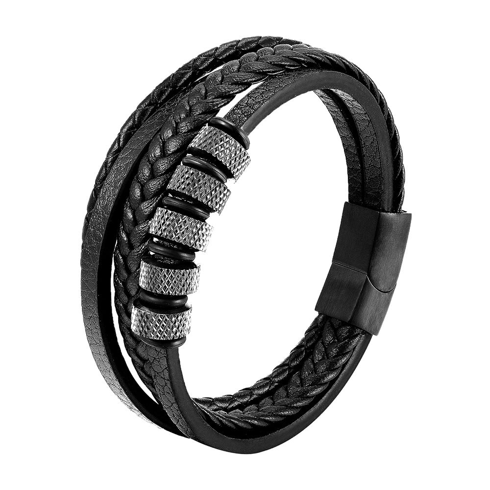 Stoere Multi-Layer Leren Heren Armband met Metalen Kralen – Zwart