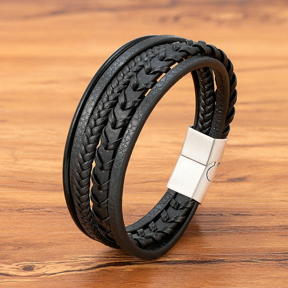 Stoere Multi-Layer Leren Heren Armband – Zwart & Geborsteld Zilver