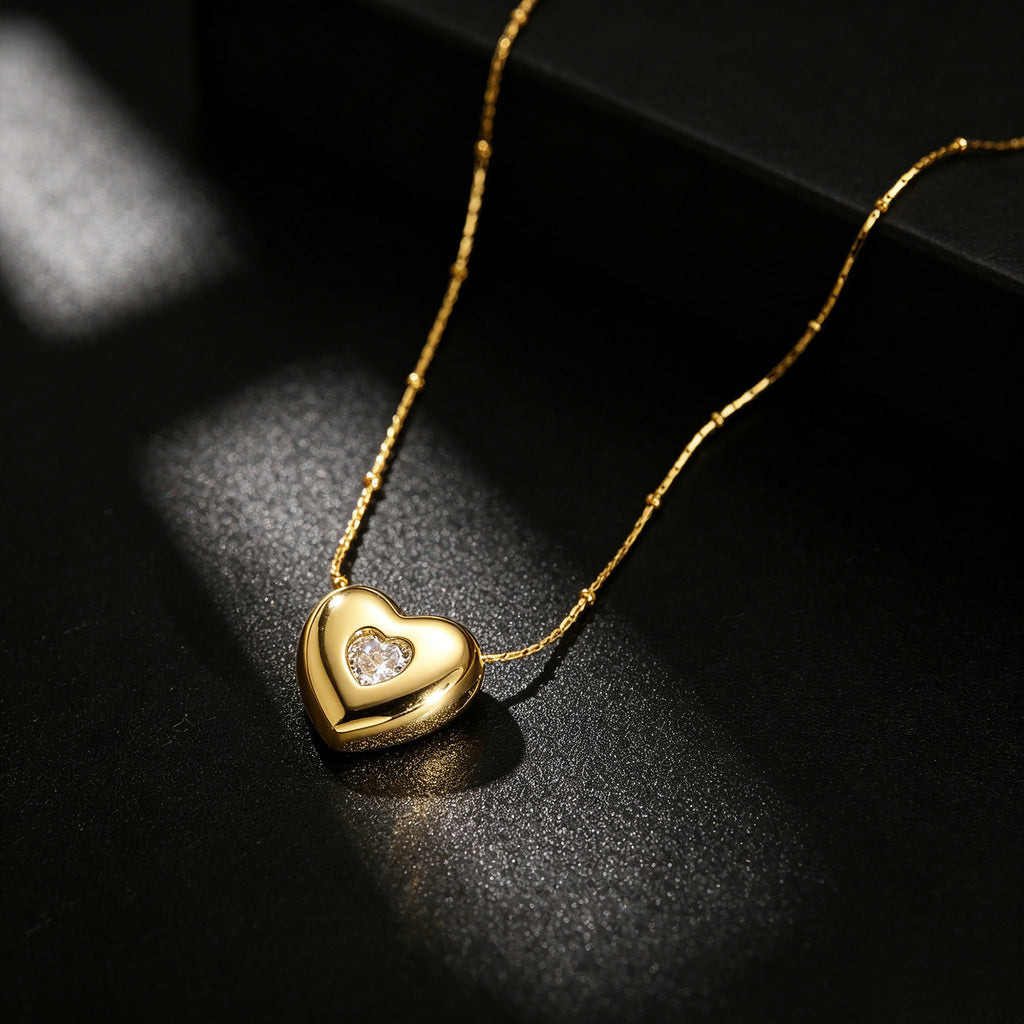 Elegante RVS 3D Hartjes Ketting met Zirkonia – Verstelbare Schuifketting (18K Goud Verguld)