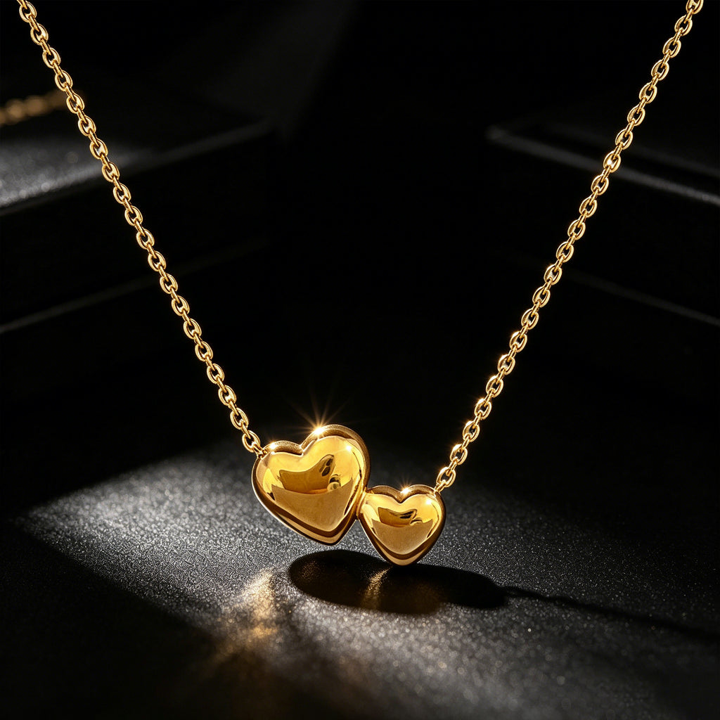 Minimalistische RVS Dubbele Hartjes Ketting – Verstelbare Schuifketting (18K Goud Verguld)