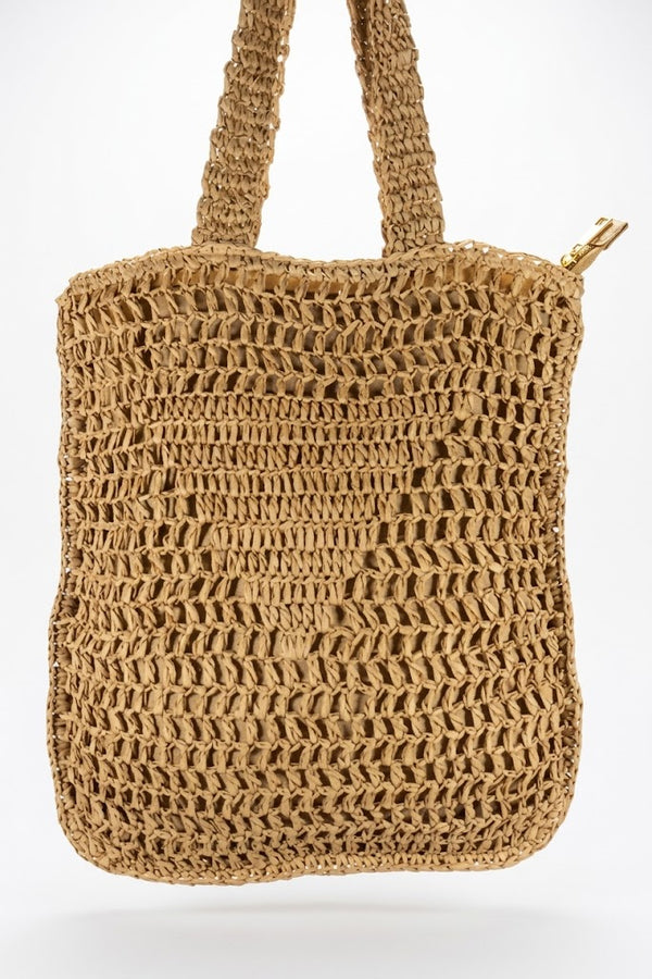 Crochet Raffia Shoulder Bag with Zipper - Beige | On-Trend Beach Bag