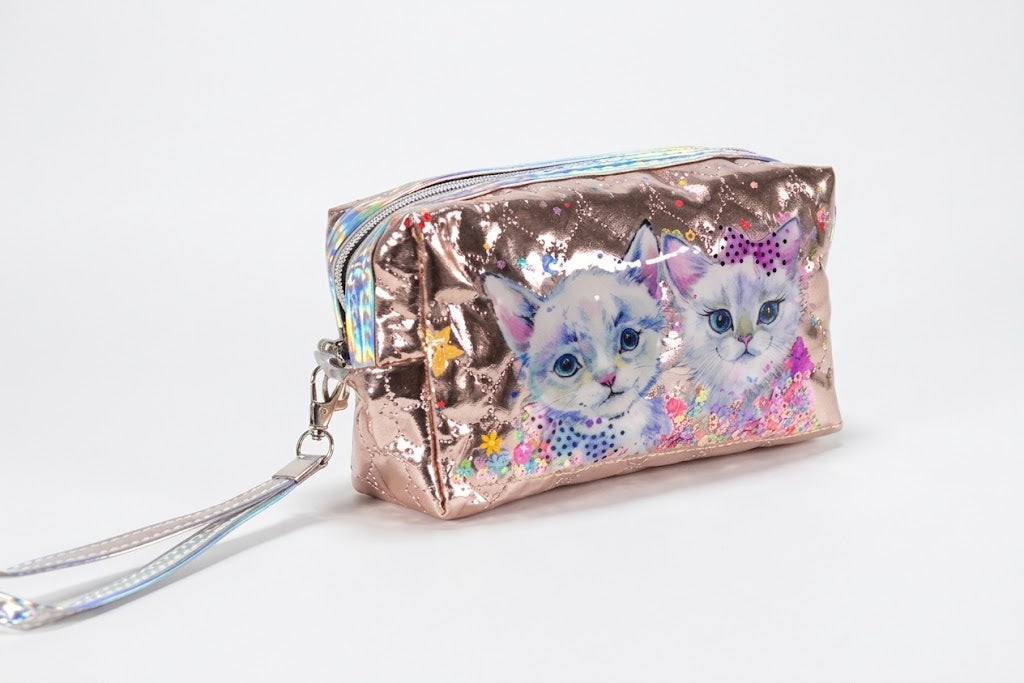 Luxury Girls' Toiletry Bag with Cat Print - Pink Glitter Makeup Pouch