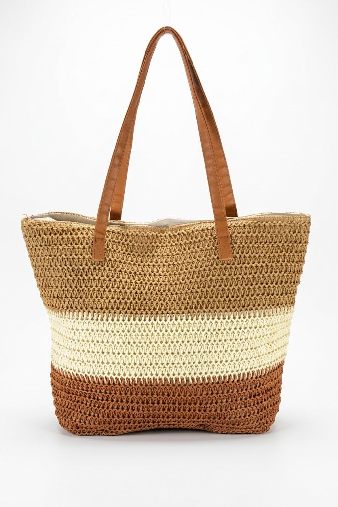 Ibiza Geweven Strandtas met Gekleurde Strepen – Ruime Shopper met Lederlook Hengsels