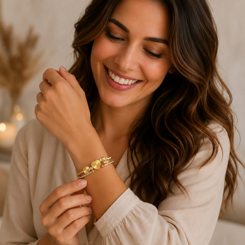Elegante RVS Bangle Armband – Triple Gold Hearts & Strass