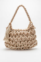 Boho Macramé Handtas Beige met Goudkleurig Lurex – Geknoopte Schoudertas