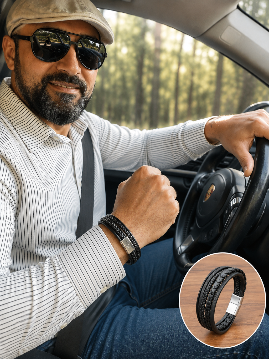 Stoere Multi-Layer Leren Heren Armband – Zwart & Geborsteld Zilver