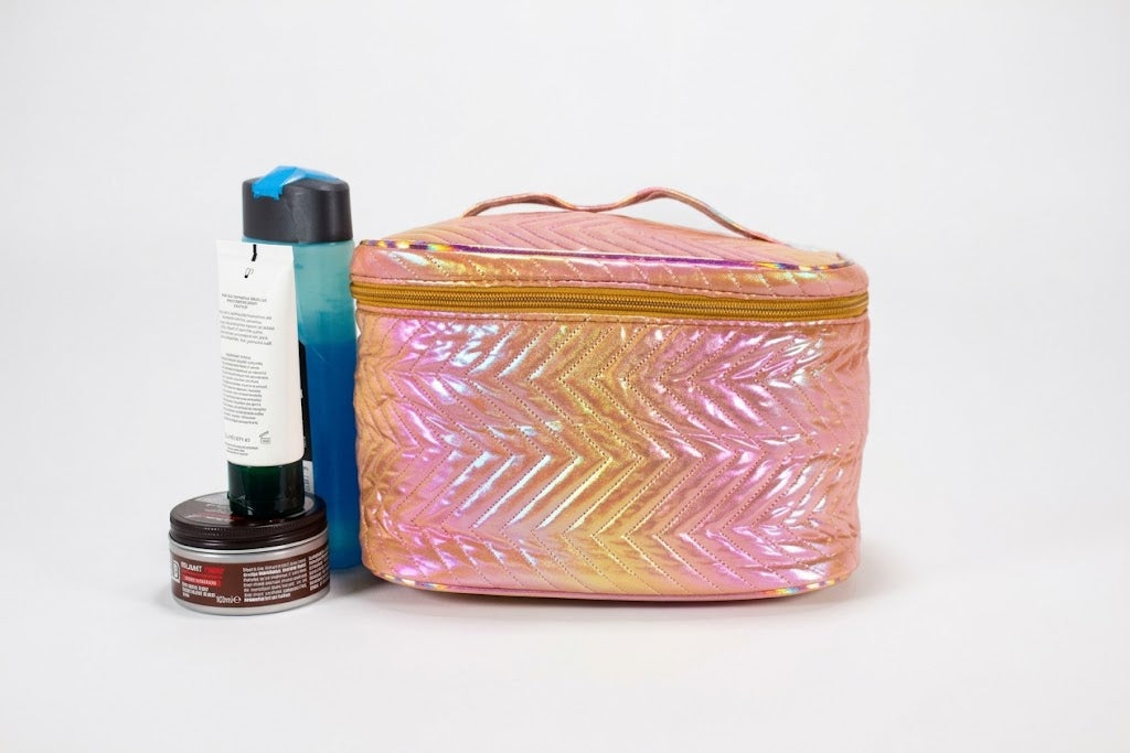 Clayre & Eef Grote Cosmeticakoffer Dames - Roze Holografische Beautycase Gewatteerd