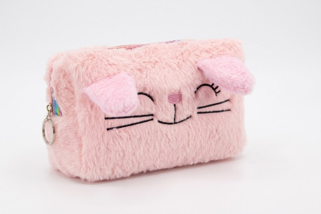 Clayre & Eef Toilettas Meisjes met Kattenprint - Roze Glitter Make-up Tasje