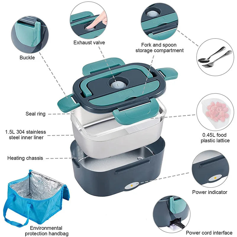 Electric Lunch Box 2-in-1 Portable Food Warmer (12V–220V) Stainless Steel