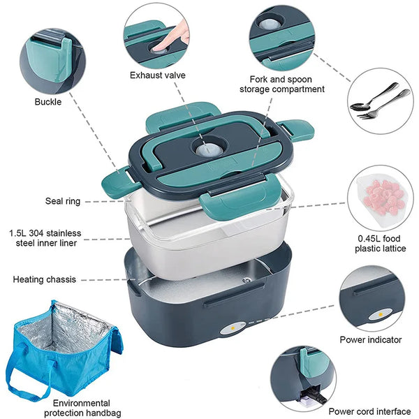 Electric Lunch Box 2-in-1 Portable Food Warmer (12V–220V) Stainless Steel