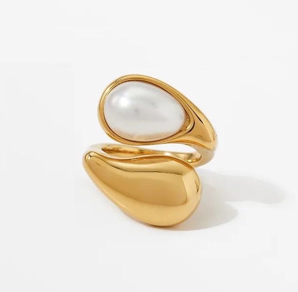 Teardrop Open Ring met Parel — Goudkleurig