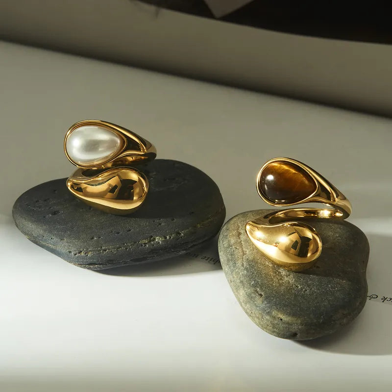 Teardrop Open Ring met Parel — Goudkleurig