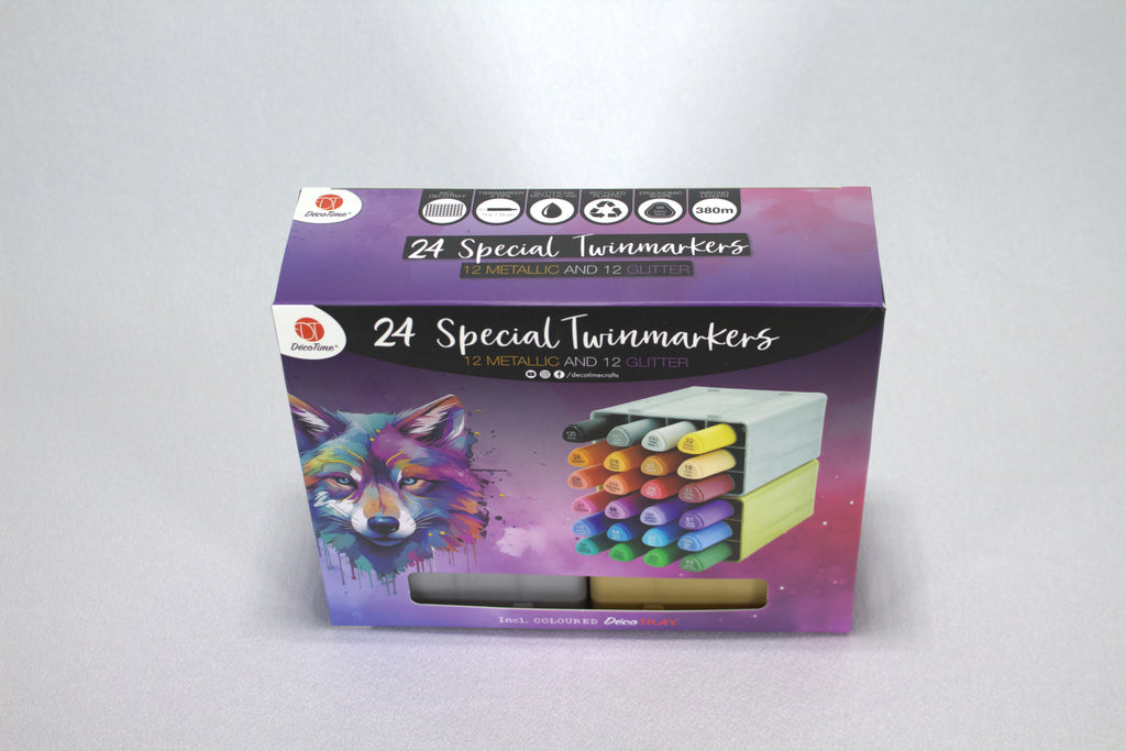 DécoTime Special Twinmarkers — 24 Luxe Metallic en Glitter Stiften met Opbergtrays