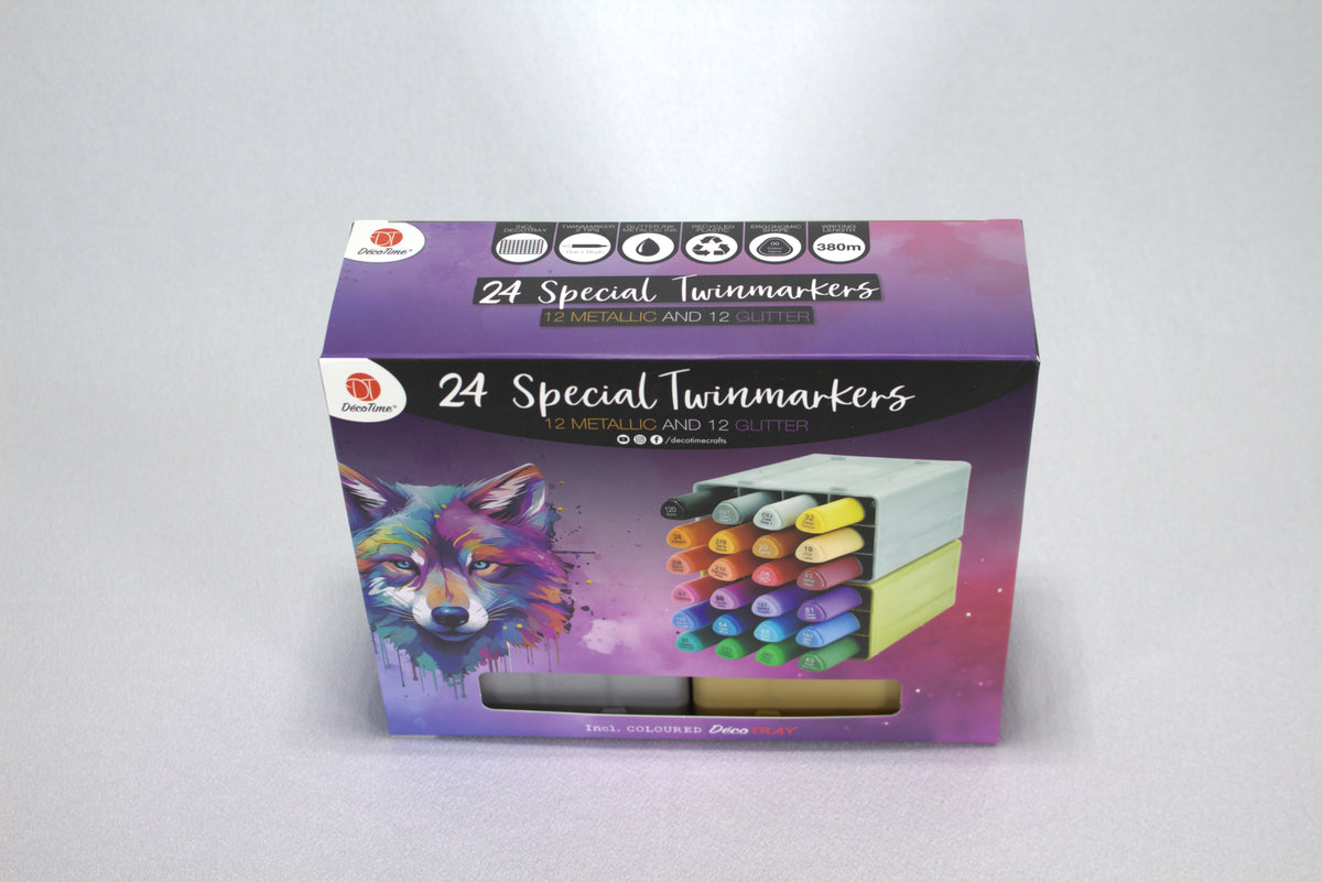 DécoTime Special Twinmarkers — 24 Luxe Metallic en Glitter Stiften met Opbergtrays