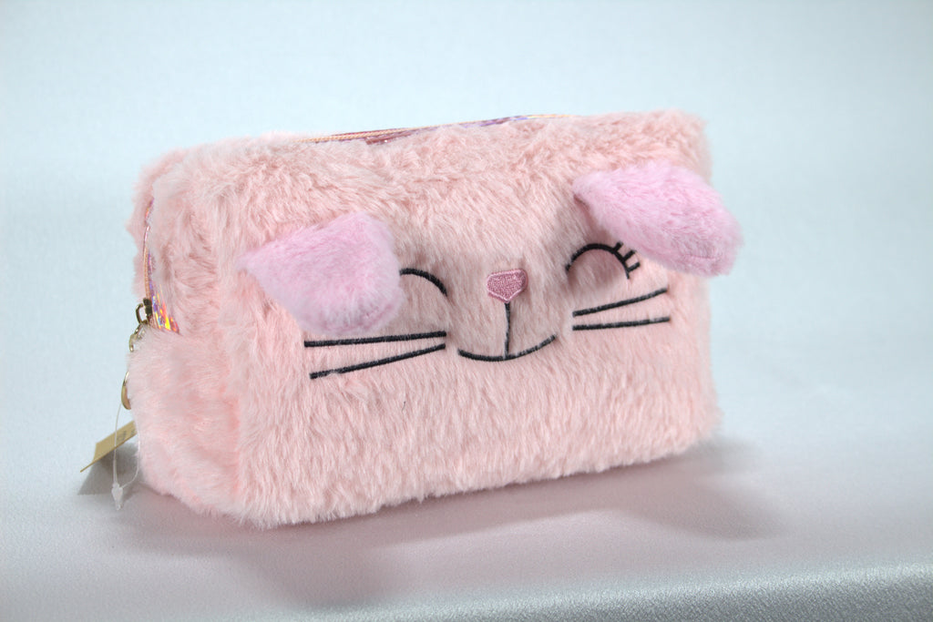 Clayre & Eef Toilettas Meisjes met Kattenprint - Roze Glitter Make-up Tasje