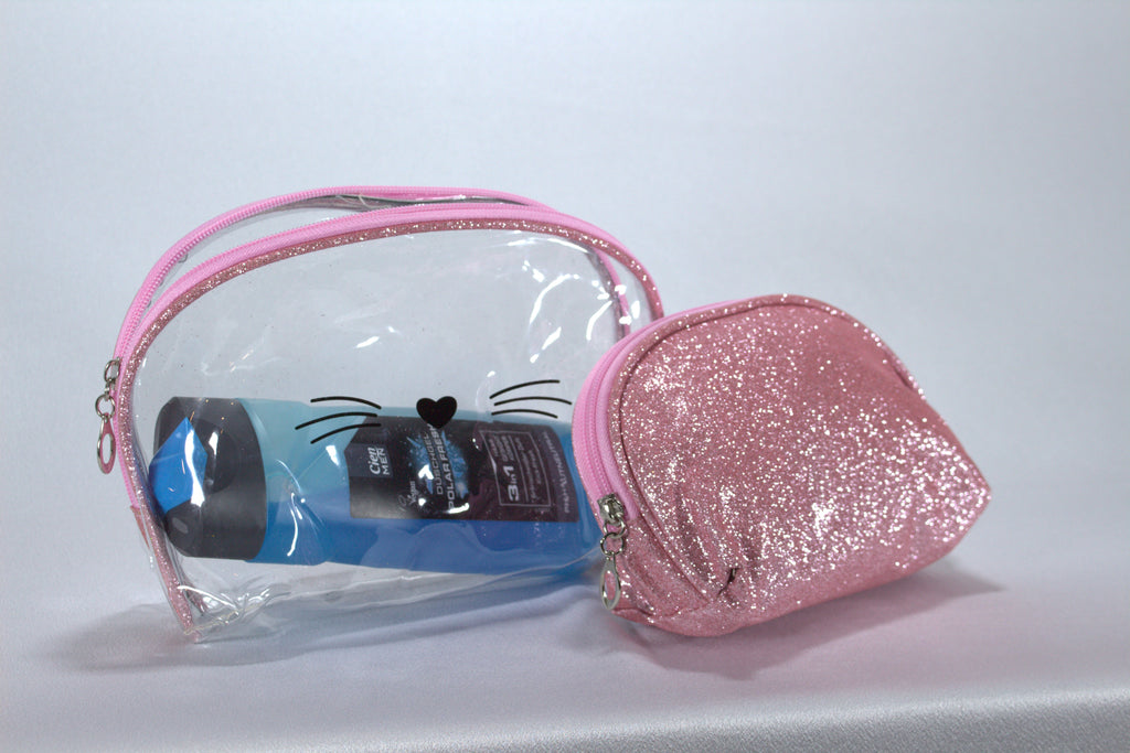 2-Delige Toilettas Set Meisjes - Transparante Cosmetictas met Kattengezicht & Roze Glitter Tasje