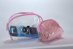 2-Delige Toilettas Set Meisjes - Transparante Cosmetictas met Kattengezicht & Roze Glitter Tasje
