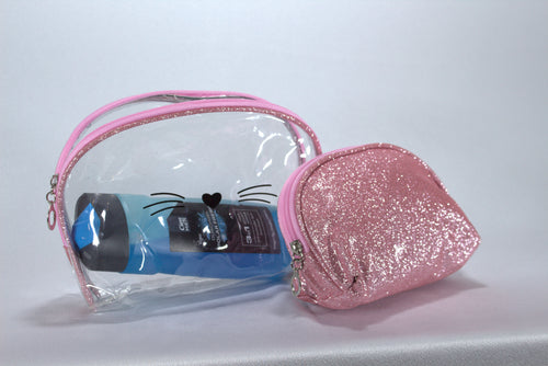 2-Delige Toilettas Set Meisjes - Transparante Cosmetictas met Kattengezicht & Roze Glitter Tasje