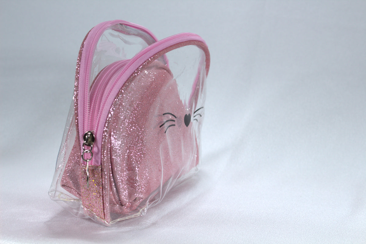 2-Delige Toilettas Set Meisjes - Transparante Cosmetictas met Kattengezicht & Roze Glitter Tasje