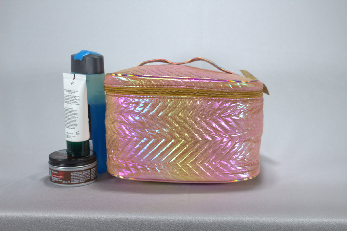 Clayre & Eef Grote Cosmeticakoffer Dames - Roze Holografische Beautycase Gewatteerd
