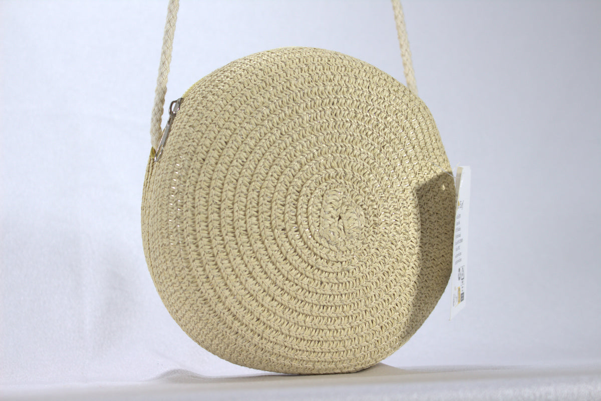 Round Woven Boho Shoulder Bag — Beige