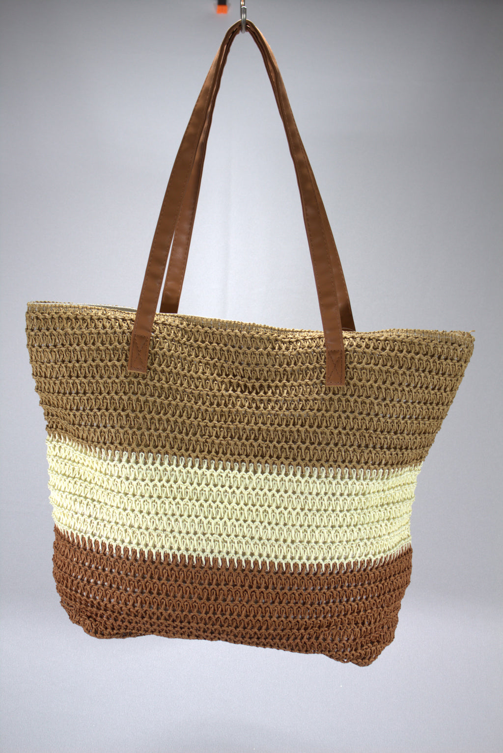 Ibiza Geweven Strandtas met Gekleurde Strepen – Ruime Shopper met Lederlook Hengsels