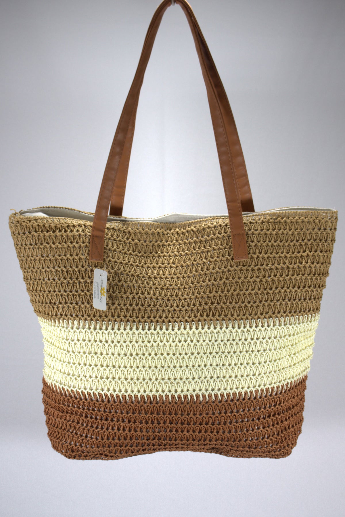 Ibiza Geweven Strandtas met Gekleurde Strepen – Ruime Shopper met Lederlook Hengsels