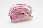 2-Delige Toilettas Set Meisjes - Transparante Cosmetictas met Kattengezicht & Roze Glitter Tasje