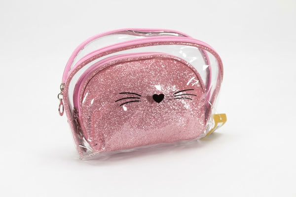 2-Delige Toilettas Set Meisjes - Transparante Cosmetictas met Kattengezicht & Roze Glitter Tasje