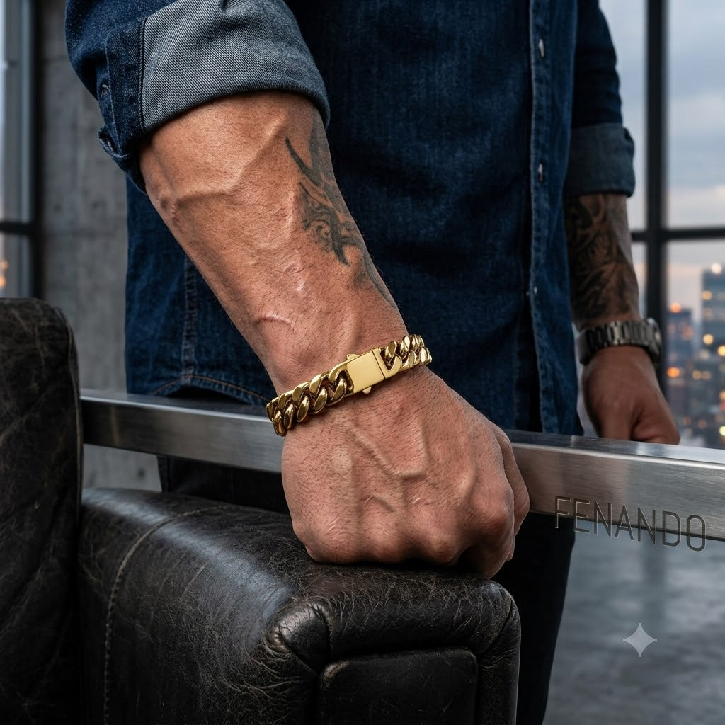 Luxe Goudkleurige Schakelarmband van RVS (18k Verguld / Cuban Link) – Fenando