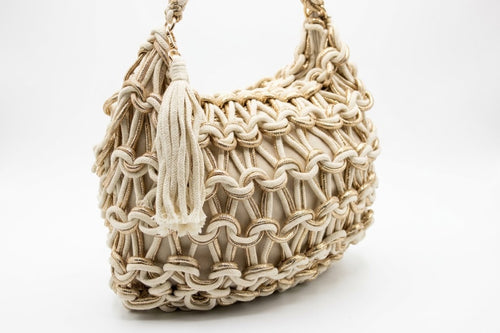 Boho Macramé Handbag Beige with Gold-colored Lurex – Knotted Shoulder Bag