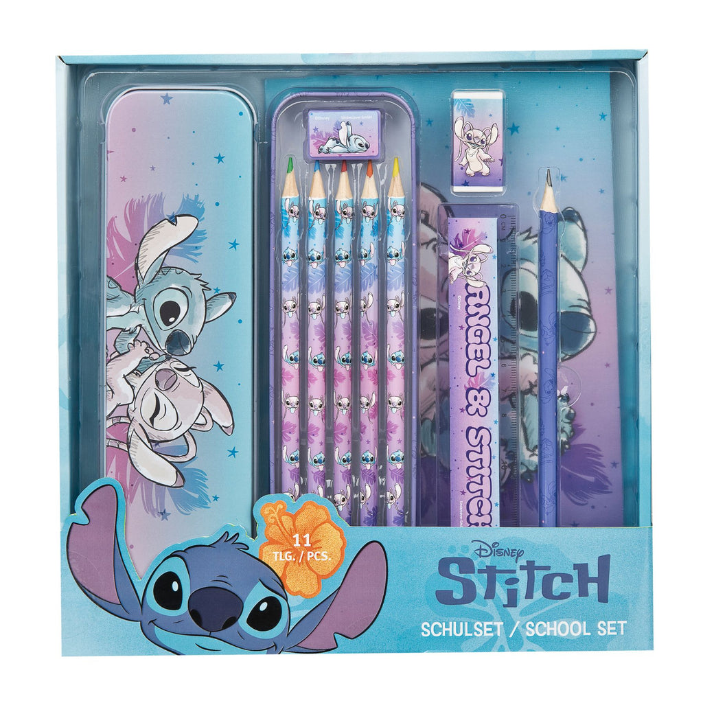 Disney Stitch schoolset met metalen etui, kleurpotloden, liniaal, gum en puntenslijper